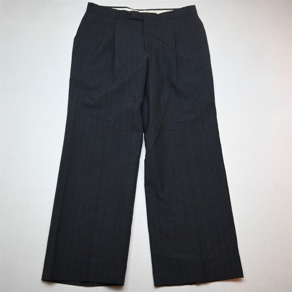 Vtg Bespoke 33x29 Blue Check Windowpane Wool Pleated Classic Dress Mens Pants